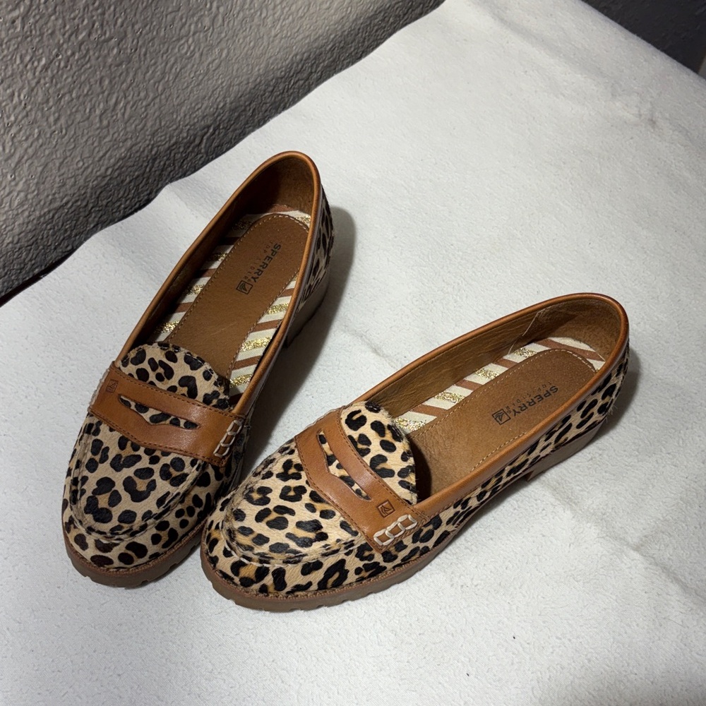 Sperry Leopard Print Tan Penny Loafers